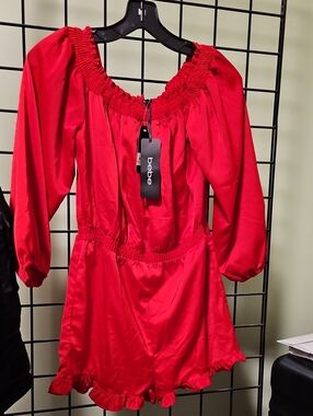 bebe Red Off-Shoulder Ruffle Romper